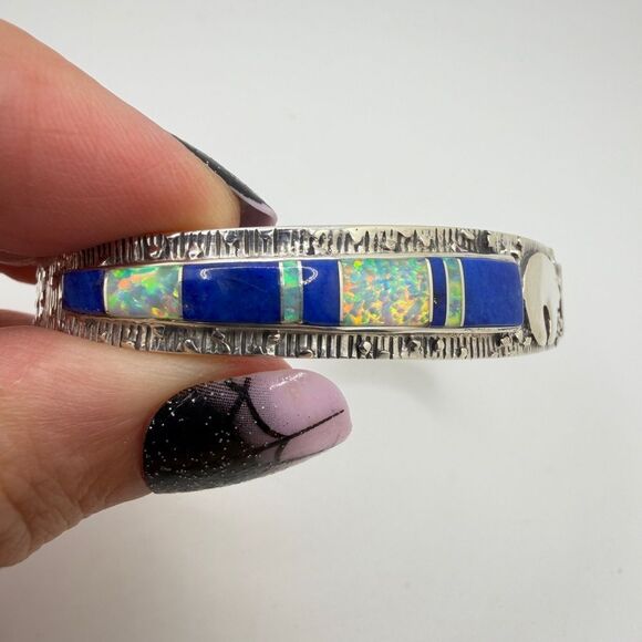 Amazing Vintage Possible Navajo Triple Bear, Lapis/Opal cuff bracelet in 925! - Picture 4 of 10